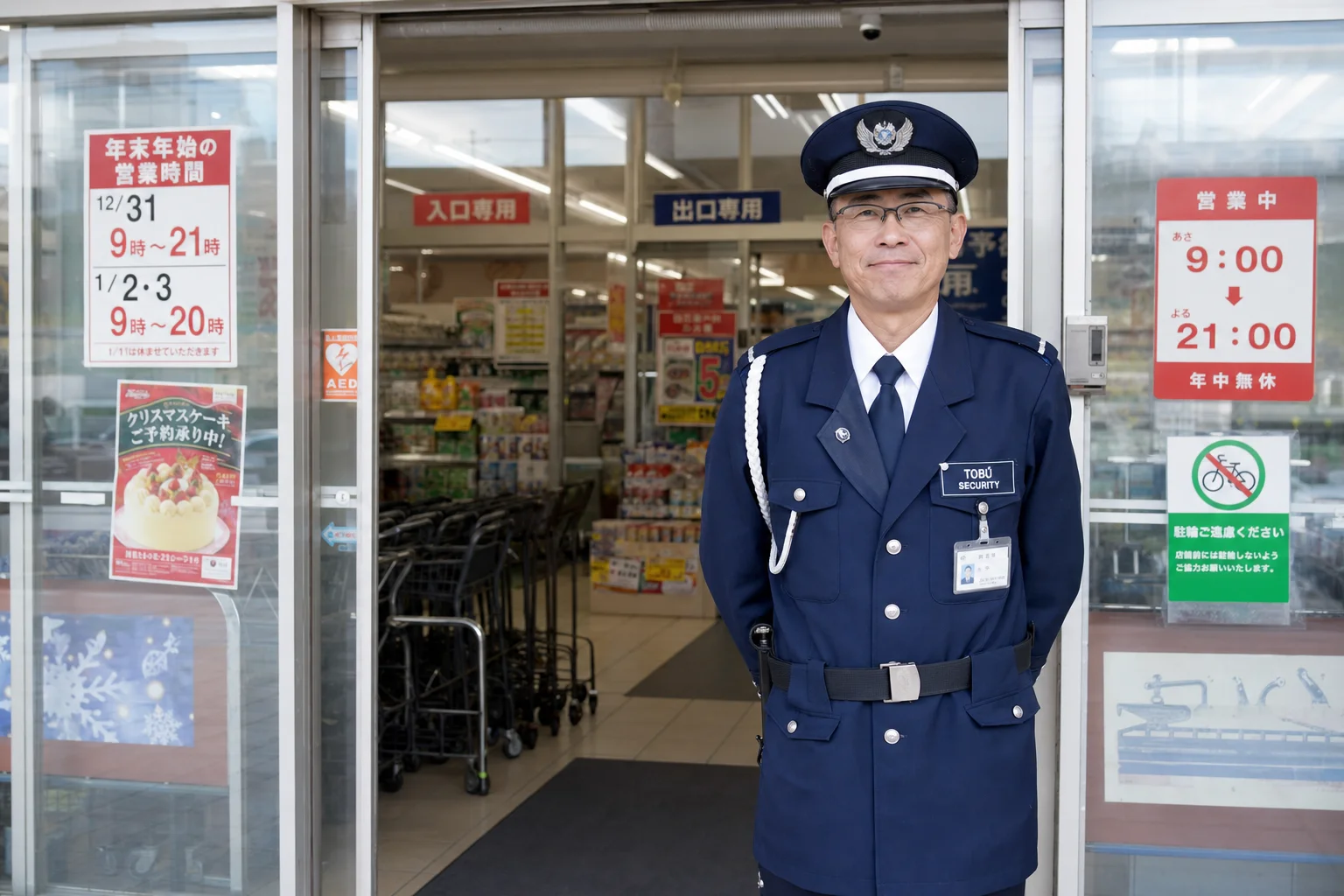 スーパー入口で警備するスタッフ