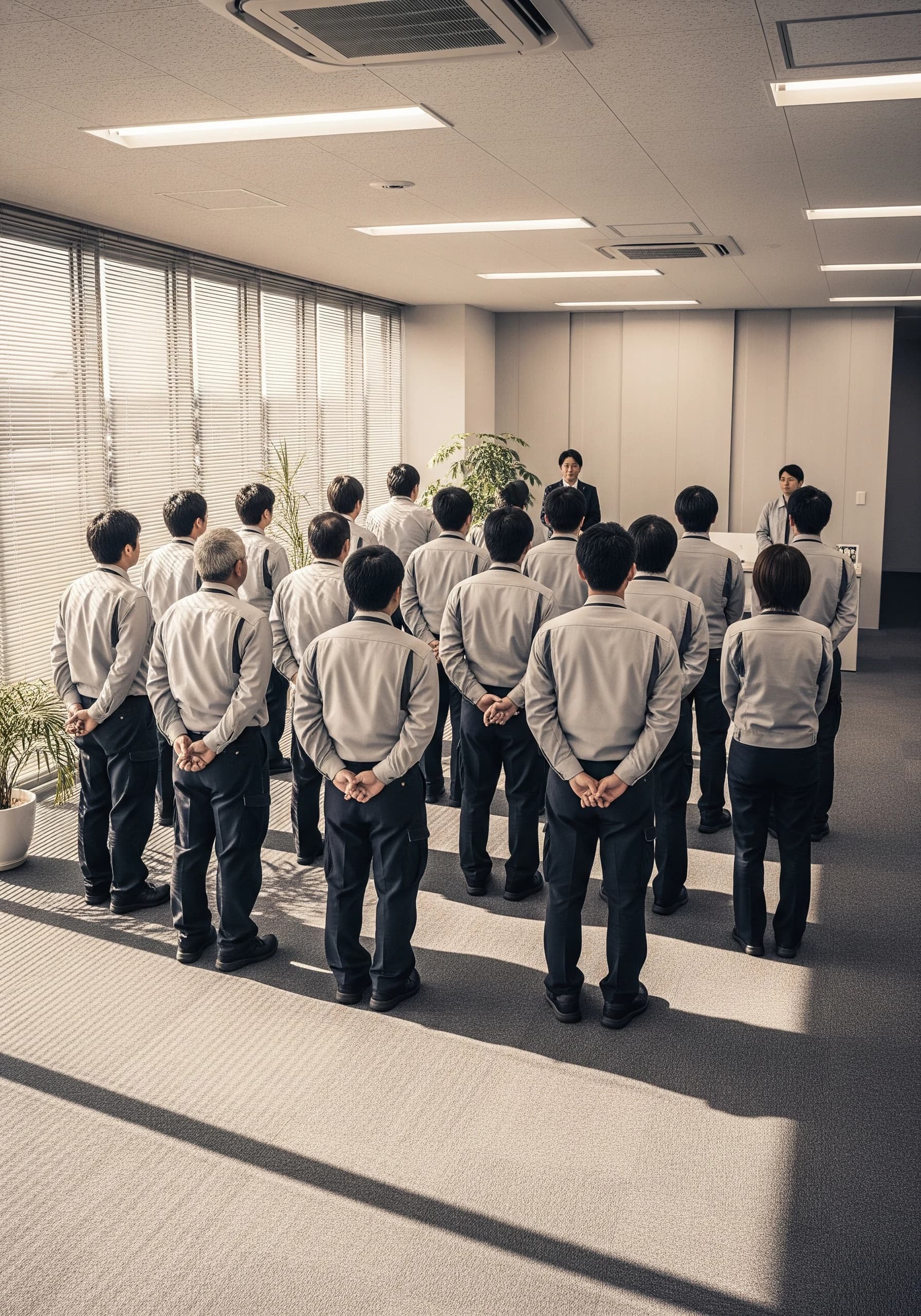 朝の事業所朝礼を遠景で捉えた一枚